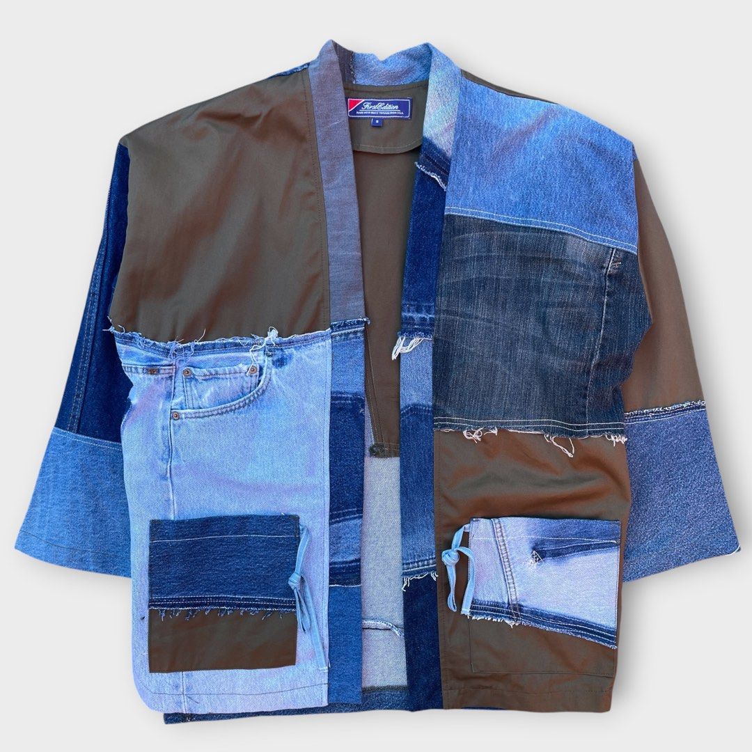 First Edition - Patchwork Denim Kimono Jacket Oversized (Category: Coats, Jackets and Outerwear) located in Los Banos. Submitted by declutterking (Listing ID 1455849423, Image 1). Description: Size Small on tag • fits up to L-XL • patchwork design Dimensions: 24.25" shoulders 24.5" chest 30" length 19" sleeves Good as new condition Authentic.