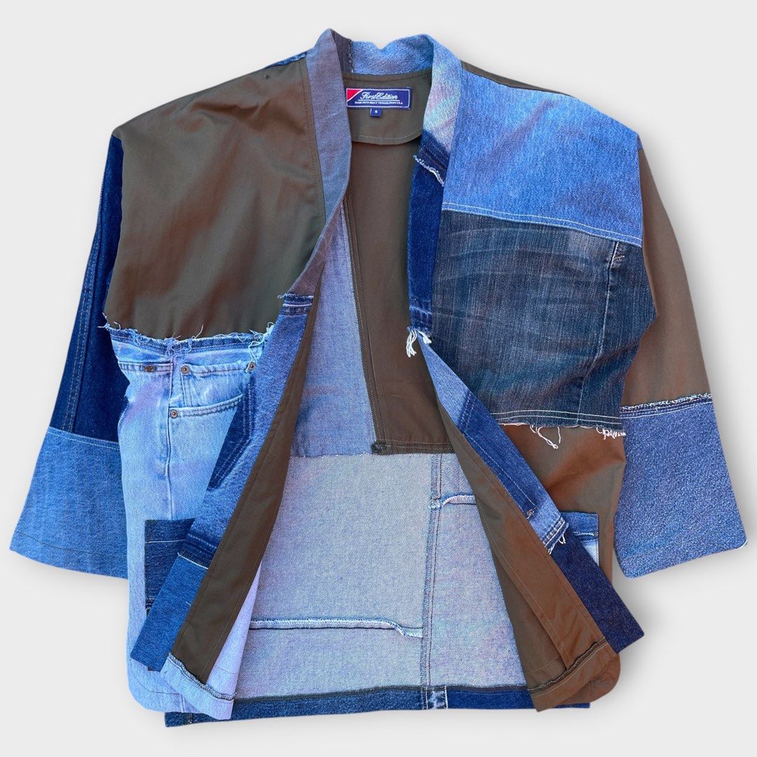 First Edition - Patchwork Denim Kimono Jacket Oversized (Category: Coats, Jackets and Outerwear) located in Los Banos. Submitted by declutterking (Listing ID 1455849423, Image 3). Description: Size Small on tag • fits up to L-XL • patchwork design Dimensions: 24.25" shoulders 24.5" chest 30" length 19" sleeves Good as new condition Authentic.