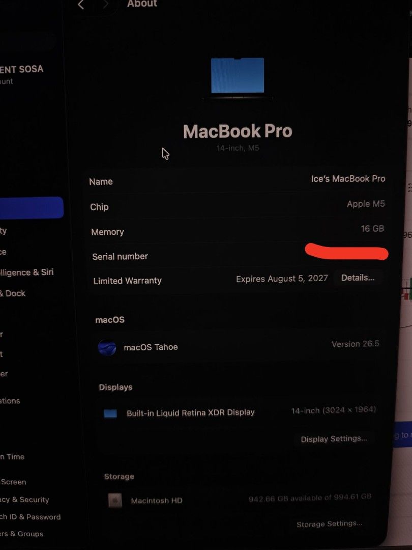 For sale rush (Category: Laptops & Notebooks) located in Manila. Submitted by wilddolphin-25b7 (Listing ID 1455790395, Image 1). Description: FOR SALE: MacBook Pro 14-inch M5 — 16GB / 1TB Almost 1 month old / Like New Apple M5 Chip 16GB Memory 1TB SSD Storage 14-inch Liquid Retina XDR Display Battery Health: Normal Limited Warranty until August 5, 2027 Complete with original box/packaging Receipt available Original price: ₱138,990\ Reason for sel