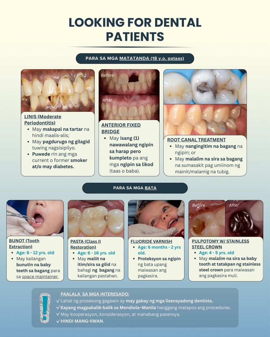 Free Dental Services (Category: Medical Supplies & Tools) located in Manila. Submitted by whois_nikkie (Listing ID 1455683353, Image 1). Description: Hi! I’m a 6th year dentistry student and I’m still looking for patients na kailangan ng treatment tulad nung mga nasa pictures. 📍 Location: Mendiola, Manila ✅ 𝐆𝐚𝐠𝐚𝐰𝐢𝐧 𝐥𝐚𝐧𝐠 𝐚𝐧𝐠 𝐝𝐞𝐧𝐭𝐚𝐥 𝐭𝐫𝐞𝐚𝐭𝐦𝐞𝐧𝐭 𝐤𝐚𝐩𝐚𝐠 𝐚𝐩𝐫𝐮𝐛𝐚𝐝𝐨 𝐚𝐧𝐠 𝐜𝐚𝐬𝐞 𝐧𝐢𝐧𝐲𝐨. PM po sa interested! 