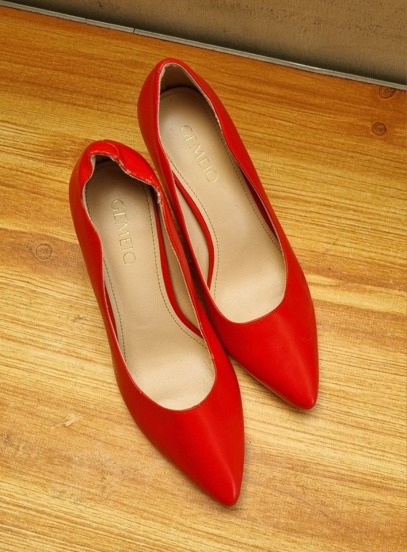 GEMEIQ Red Pointed Toe Heels (Category: Heels) located in Pasay City. Submitted by 4lesstuff (Listing ID 1455684198, Image 1). Description: size 8 to 9 with issue no box - Brand: GEMEIQ - Color: Red - Style: Pointed toe heels - Design: Classic, easy slip-on - Features: Embossed brand name on inner sole - Versatility: Perfect for dressing up or down, a wardrobe essential.