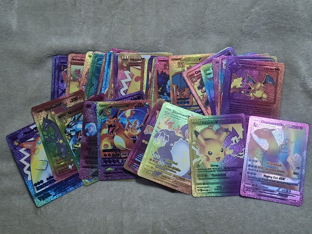 Holo Pokemon Cards - Charizard, Pikachu, Mega Charizard (Category: Raw Singles) located in Muntinlupa City. Submitted by jsassorteditems (Listing ID 1455781182, Image 1). Description: - Collection of rare holographic Pokemon cards. - Features iconic Pokemon: Charizard VMAX, Charizard GX, Pikachu V, and Mega Charizard. - All cards have a vibrant rainbow foil effect. - Ideal for serious Pokemon card collectors. - Don't miss out on these unique addi