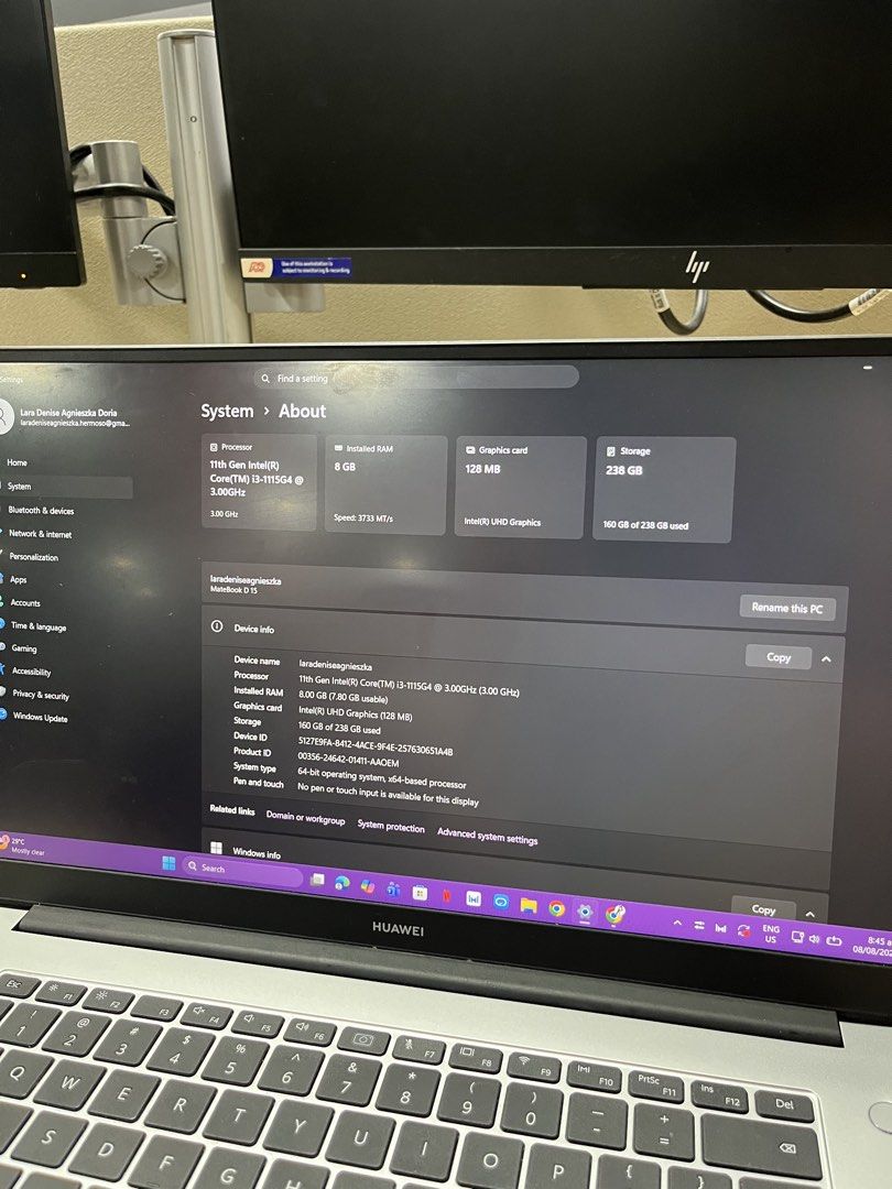 HUAWEII D15 (Category: Laptops & Notebooks) located in Manila. Submitted by maynardjohnn (Listing ID 1455830130, Image 2). Description: NO ISSUE LADY OWNED Specification Details Display 15.6” IPS, Full HD 1920×1080 Aspect Ratio 16:9 Brightness 250 nits Viewing Angle 178° Screen-to-body 87% CPU options Intel Core i3-1115G4 / i5-1135G7 / i7-1165G7 GPU Intel UHD / Intel Iris Xe Graphics depending on CPU RAM 8GB or 16GB DDR4 Storage 256GB or 512GB NV