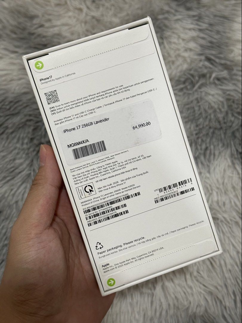 IPHONE 17 256GB BRANDNEW SEALED (Category: iPhone 17 Series) located in Quezon City. Submitted by alibenusngan23 (Listing ID 1455721311, Image 2). Description: IPHONE 17 256GB LAVENDER OPENLINE | FACTORY UNLOCKED PRICE: 54,990 ONLY BOUGHT FROM PMC WITH RECEIPT BRANDNEW NOT ACTIVATED NEVER BEEN USED NTC APPROVED 101% ORIGINAL GUARANTEED OPEN BOX ONLY 5Days Personal Warranty. You Can Check it first Upon Meetup. COD in metro manila and nearby areas 