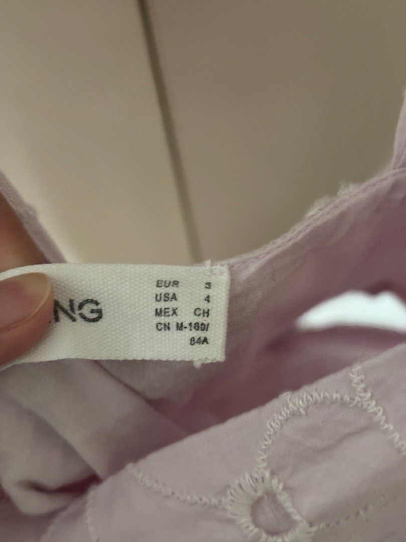 Lilac Eyelet Dress (Mango) (Category: Dresses) located in Pasig City. Submitted by fromfrances (Listing ID 1455685995, Image 3). Description: Lilac Mango Dress Size : S / US4 Used only 1-2x RFS: Too big Shipping: Lalamove or Grab (shouldered by buyer) .