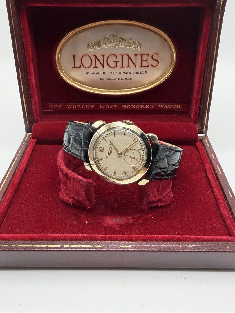 Longines Rare Vintage Solid 14k Gold 1950s Manual Wind Men (Category: Luxury Watches) located in Manila. Submitted by rj_authenticwatchesandmore (Listing ID 1455849249, Image 1). Description: Vintage Longines 1950s Manual Wind - Approximately made in the 1950s - Made from Solid 14k yellow gold - Caseback marked with “14k Gold” - Beautiful silver dial, with even light patina - Keeps time - Case diameter 32.5mm - Manual Wind Movement - Weight (watc