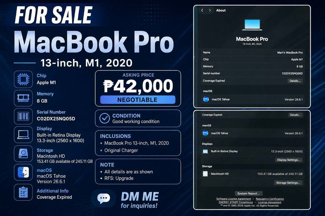 MacBook Pro 13-inch, M1, 2020 (Category: Laptops & Notebooks) located in Manila. Submitted by geraldvz19 (Listing ID 1455704685, Image 1). Description: - MacBook Pro 13-inch (M1, 2020) - 8GB RAM - 256GB Storage - Original Charger included - Good working condition - Reason for Selling: Upgraded - DM for inquiries!.
