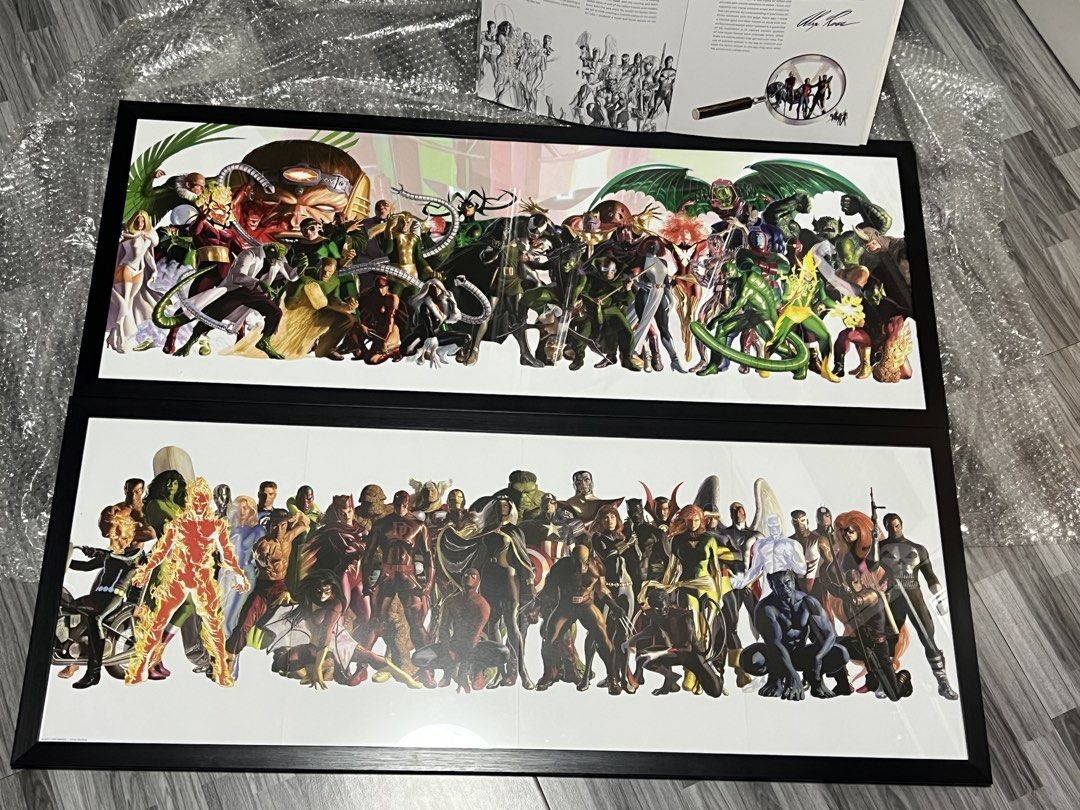 Marvel Comics ALEX ROSS Art RARE (Category: Comics & Manga) located in Manila. Submitted by thegreyhousemarket (Listing ID 1455808917, Image 1). Description: - Two framed art prints featuring a massive collection of Marvel characters. - Top print showcases iconic villains like Doctor Octopus and Green Goblin. - Bottom print features beloved heroes such as Captain America, Iron Man, and Hulk. - An ideal addition to any Marvel fan's collection. - C