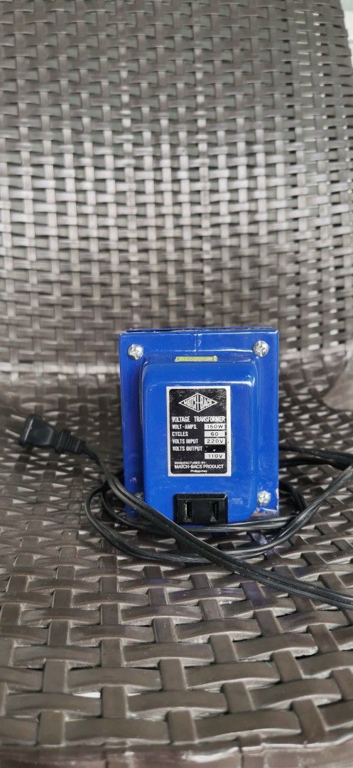 MATCH-BALS Voltage Transformer 110V Input, 220V Output (Category: Electrical, Adaptors & Sockets) located in Cavite. Submitted by theathea22 (Listing ID 1455705598, Image 1). Description: - MATCH-BALS Voltage Transformer - Converts 110V input to 220V output - 5 Amp rating - Blue metal casing with power cord and outlet - Ideal for electronics projects or powering devices - Tested and working.
