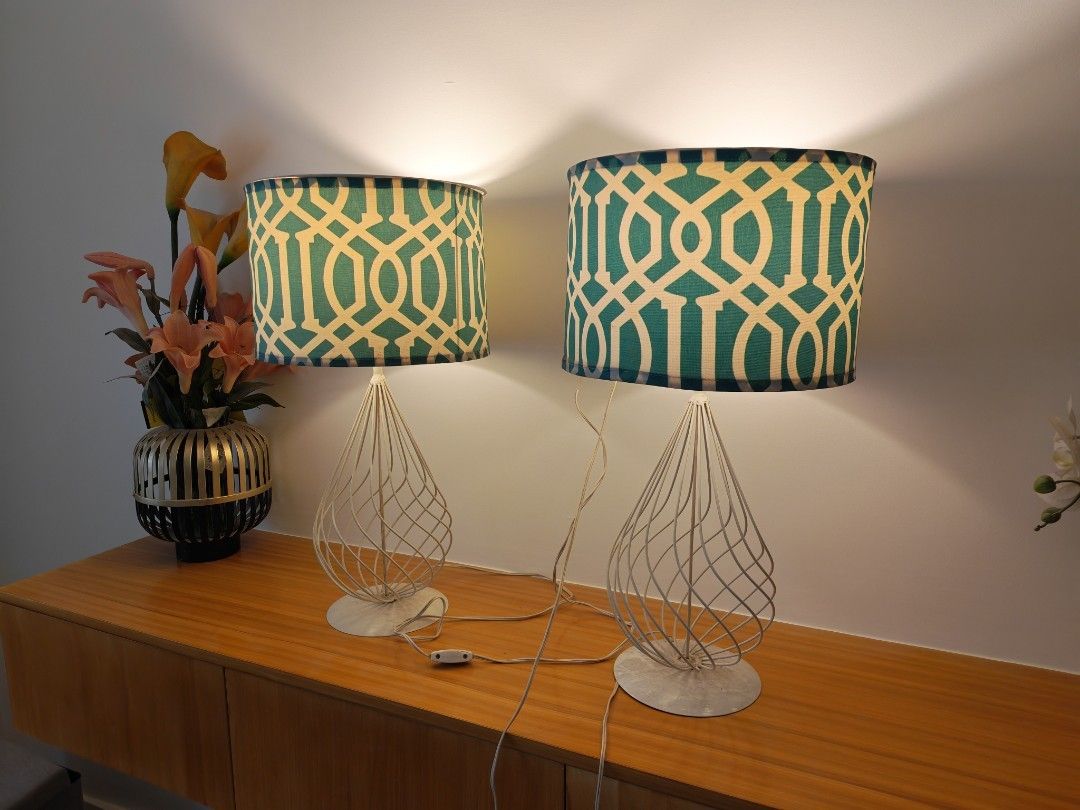Pair of Geometric Pattern Table Lamps (Category: Lighting) located in Las Pinas. Submitted by zealstone.eb5a04 (Listing ID 1453618003, Image 2). Description: - Set of 2 table lamps - White wire base - Teal and white geometric patterned shades - Functional and stylish addition to any room.