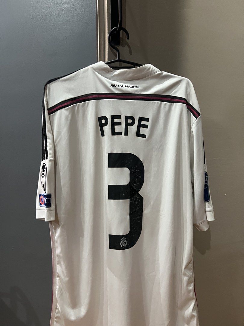 Real Madrid 14/15 Home Jersey (Category: Activewear) located in Quezon City. Submitted by bastiperez_ (Listing ID 1455682327, Image 2). Description: - Pepe #3 on the back with UCL Patches - Cracks on nameset - Gcash or bank transfer payment.