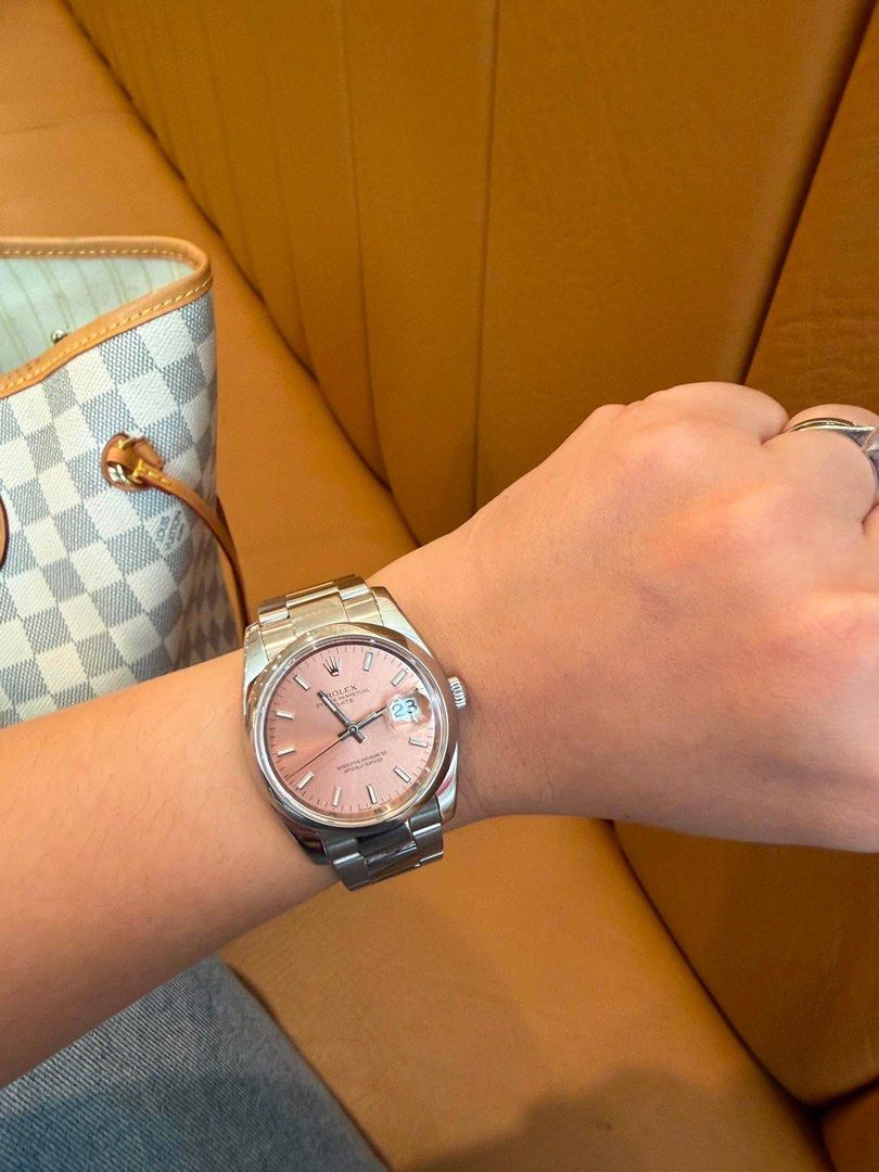 Rolex Datejust Pink Dial Stainless Steel Automatic Watch (Category: Luxury Watches) located in Quezon City. Submitted by simplydadar (Listing ID 1455795472, Image 1). Description: Rolex OYSTER PERPETUAL DATE ✅️Ref. No. - 115210 ✅️2009 model ✅️Mint Condition (9.5/10 ratings) ✅️W/ presentation box ✅️Automatic ✅️Salmon dial ✅️34 mm case diameter ✅️7.5 inches wrist size (with extra link) ✅Authenticated under Panotes,GH Location: QC Price: 375,000 (ne