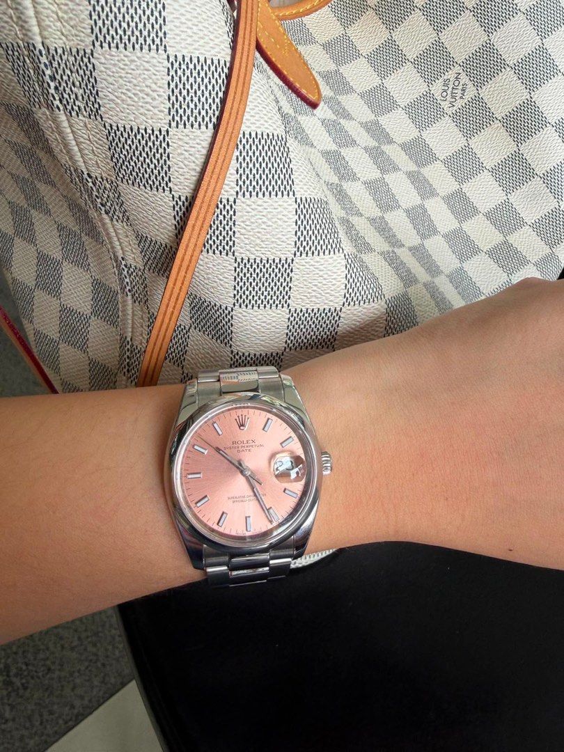 Rolex Datejust Pink Dial Stainless Steel Automatic Watch (Category: Luxury Watches) located in Quezon City. Submitted by simplydadar (Listing ID 1455795472, Image 2). Description: Rolex OYSTER PERPETUAL DATE ✅️Ref. No. - 115210 ✅️2009 model ✅️Mint Condition (9.5/10 ratings) ✅️W/ presentation box ✅️Automatic ✅️Salmon dial ✅️34 mm case diameter ✅️7.5 inches wrist size (with extra link) ✅Authenticated under Panotes,GH Location: QC Price: 375,000 (ne