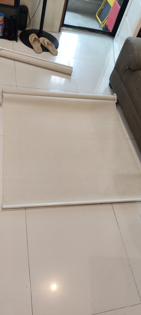 Roller Blinds - Cream and Dark Grey (Category: Curtains & Blinds) located in Pasig City. Submitted by jerlaman (Listing ID 1455719521, Image 2). Description: Rolling Blinds - (Ceiling to floor coverage) White 43 x 94 inches 2 pcs Needs a wall bracket 350 each Grey 15 x 98 Inches Built-in bracket 2 pcs 250 each Items are used but still in good condition, just a bit dusty. Item location is in Pasig City Shipping should be shouldered by the buyer Pr