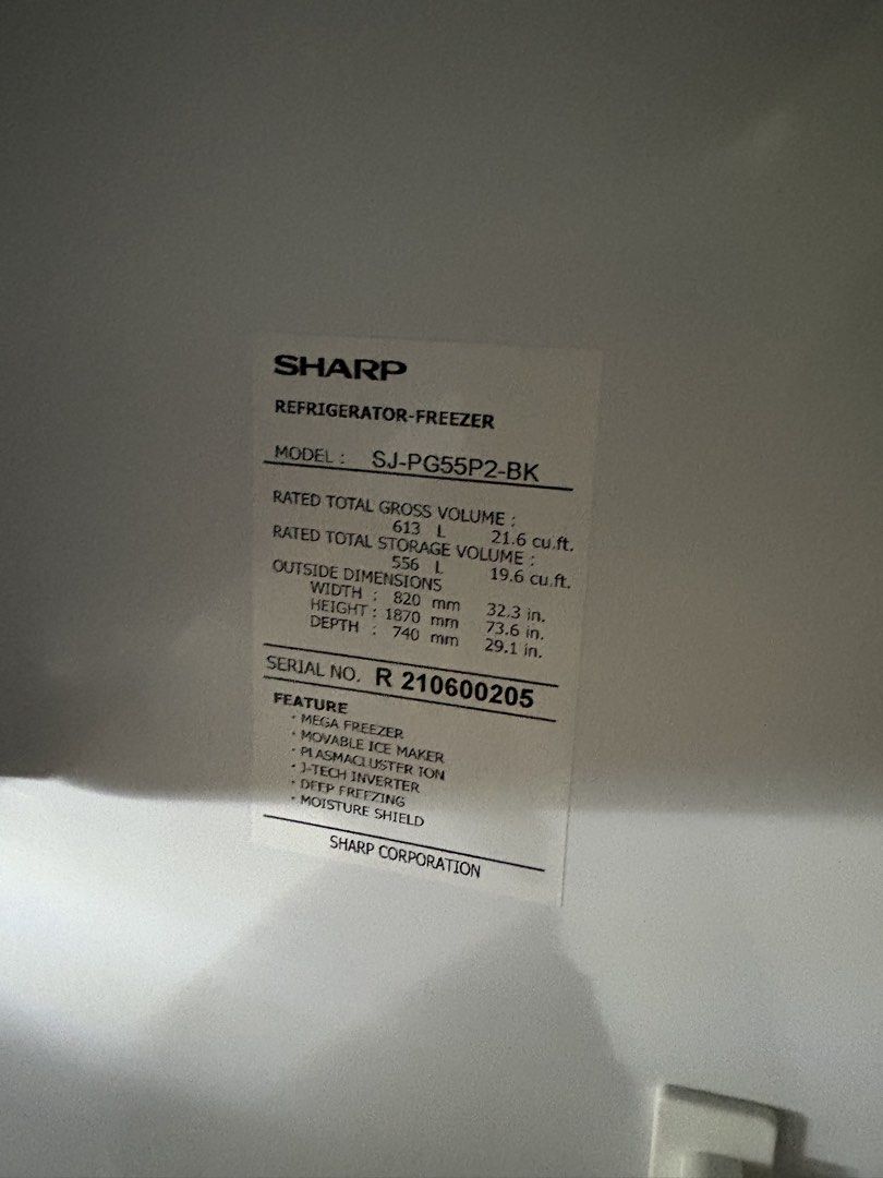 Sharp Fridge (Category: Refrigerators & Freezers) located in Singapore. Submitted by cel95 (Listing ID 1455740341, Image 3). Description: J-Tech Inverter Plasmacluster Ion Hybrid Cooling External Touch Control Panel AG Nano Deodorizer Extra Cool Express Freezing Door Alarm Movable Ice Maker Freezer Organizer.