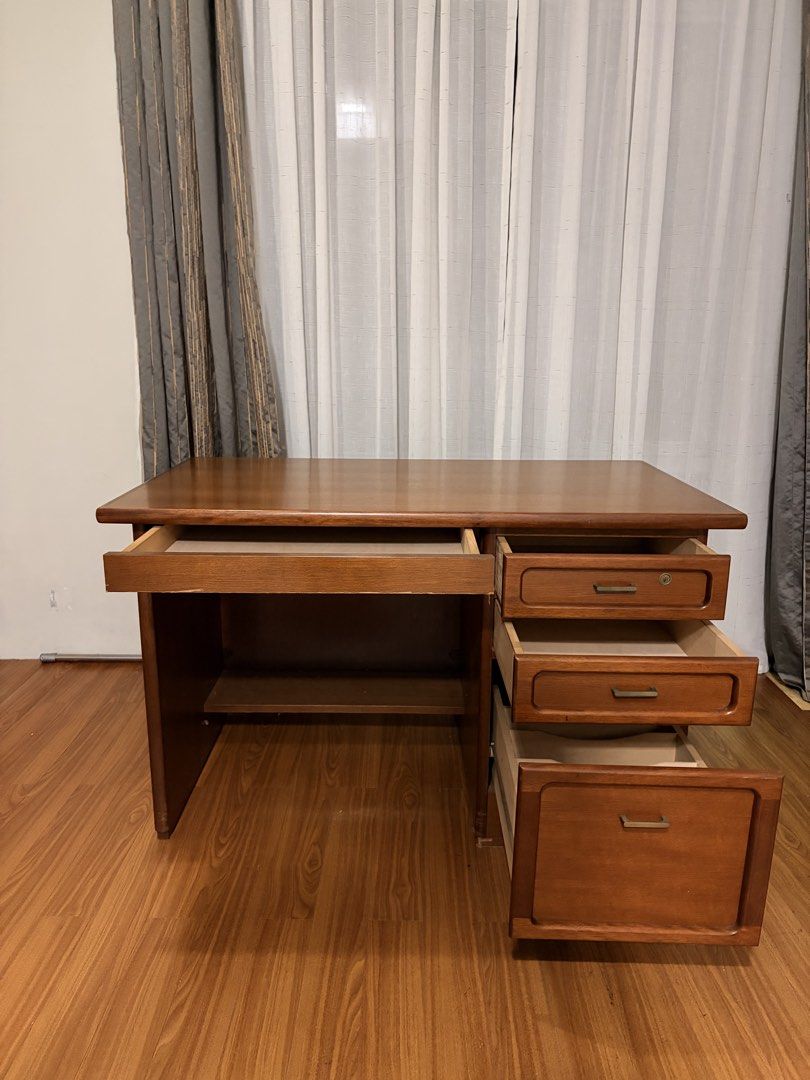 Solid Wood Desk with Drawers and Brass Handle (Category: Tables & Sets) located in Pasig City. Submitted by dlllane (Listing ID 1455788132, Image 3). Description: Solid wood desk with drawers and brass handles Dimensions: W120 x D70 x H75 cm Pick up only Location: quezon city.
