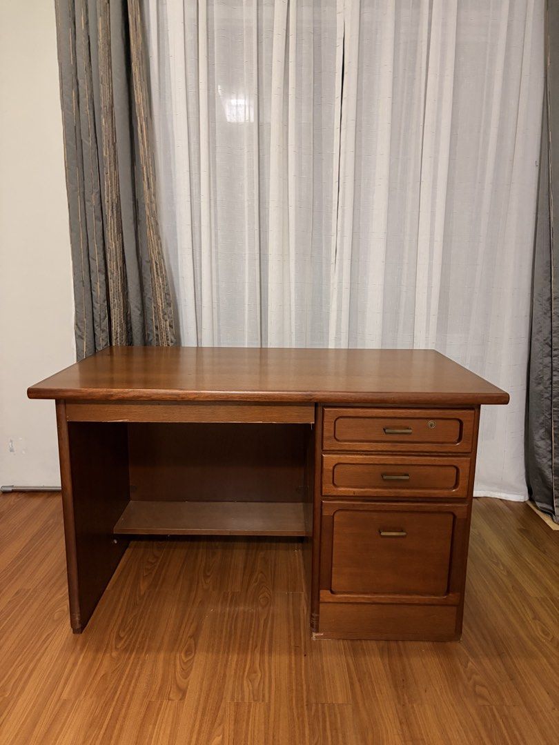 Solid Wood Desk with Drawers and Brass Handle (Category: Tables & Sets) located in Pasig City. Submitted by dlllane (Listing ID 1455788132, Image 2). Description: Solid wood desk with drawers and brass handles Dimensions: W120 x D70 x H75 cm Pick up only Location: quezon city.