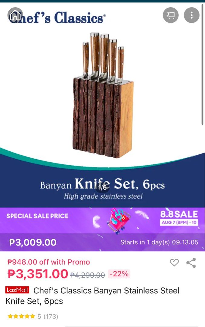 Stainless Steel Chef Classic Knife Set (Category: Knives & Chopping Boards) located in Paranaque City. Submitted by missriiri (Listing ID 1455686919, Image 2). Description: High quality stainless steel knife set with banyan wood handles and holder Gently used and well kept .