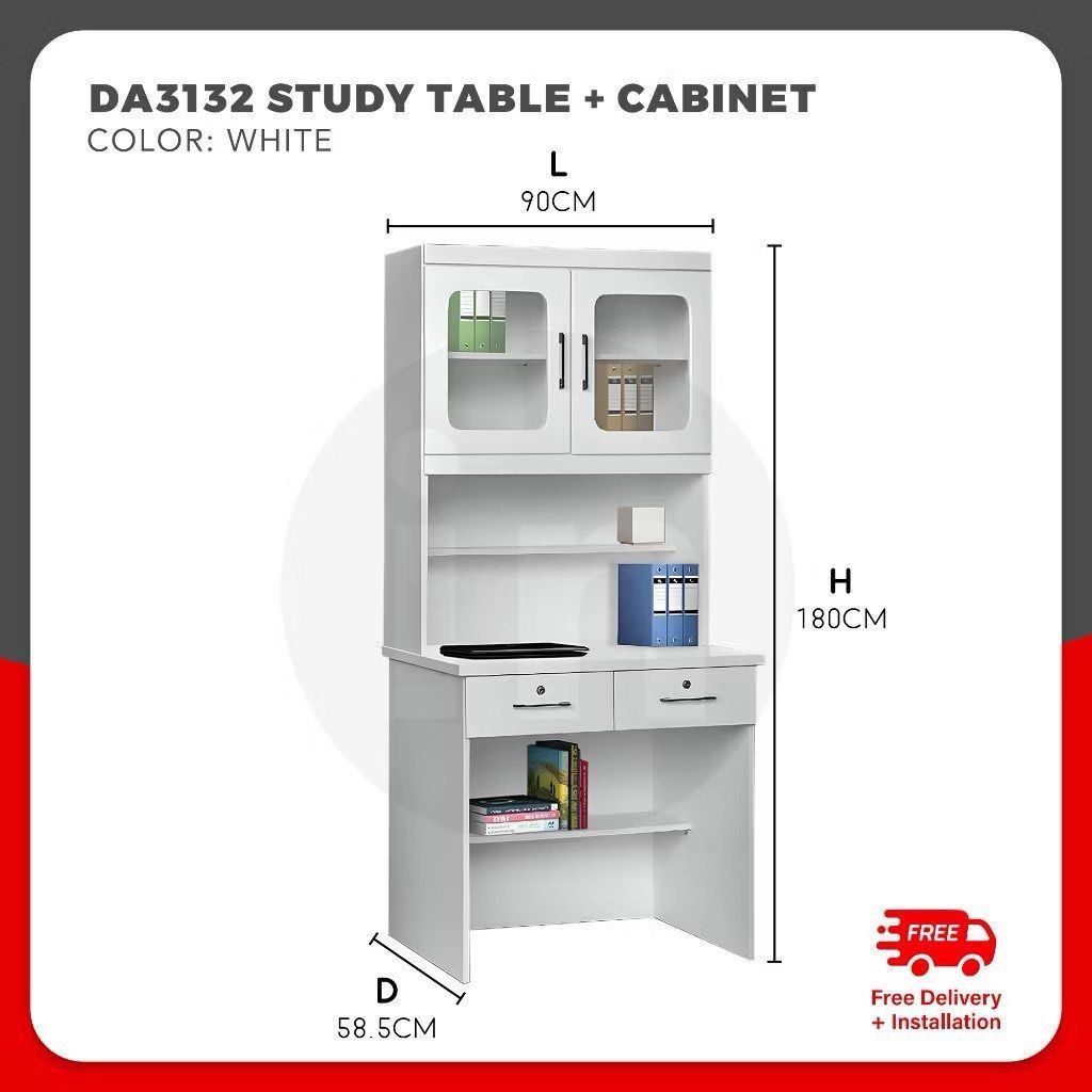 study table with full assembly (Category: Tables & Sets) located in Singapore. Submitted by homefurniture_outlet (Listing ID 1455800486, Image 3). Description: 2drawers$499 Product features and material Clean and neat look study table Comes with study light Shelves with glass swing door above table top Comes with 4 drawers and 1 with locker Free Delivery and Installation Delivery And Free Installation.