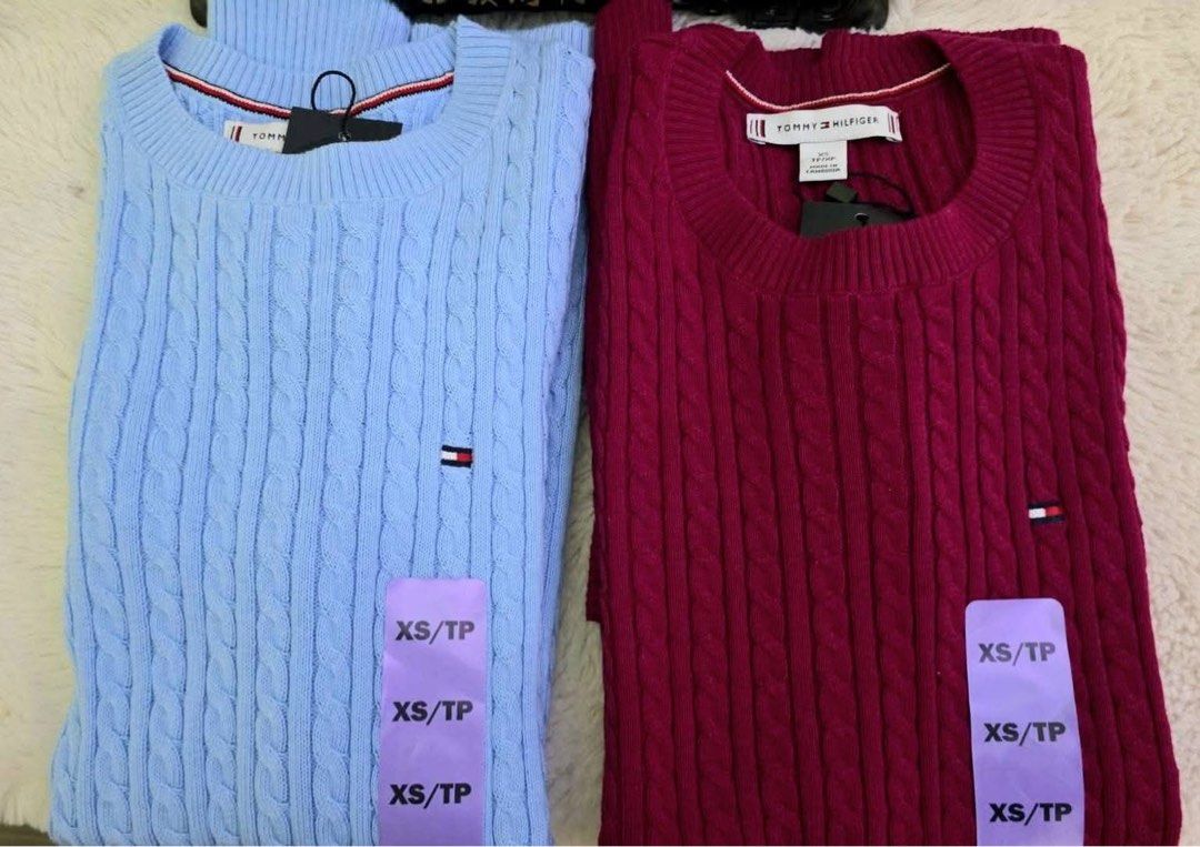 Tommy Hilfiger Cable Knit Sweater XS/TP (Category: Longsleeves) located in Manila. Submitted by majimi (Listing ID 1455834498, Image 2). Description: - Brand: Tommy Hilfiger - Style: Cable Knit Sweater - Available Sizes: XS/TP - Colors: Light Green, Light Blue, Burgundy, White - Material: Soft and comfortable - Versatile: Perfect for layering or wearing on its own.