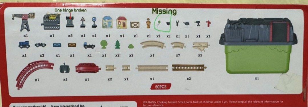 Train set (Category: Lego & Building Sets) located in Singapore. Submitted by ni84 (Listing ID 1455723937, Image 4). Description: 48 psc instead of 50 psc missing two small items. One of the stand has a broken hinge. Hence giving 2 compatible trains. Hape train set.
