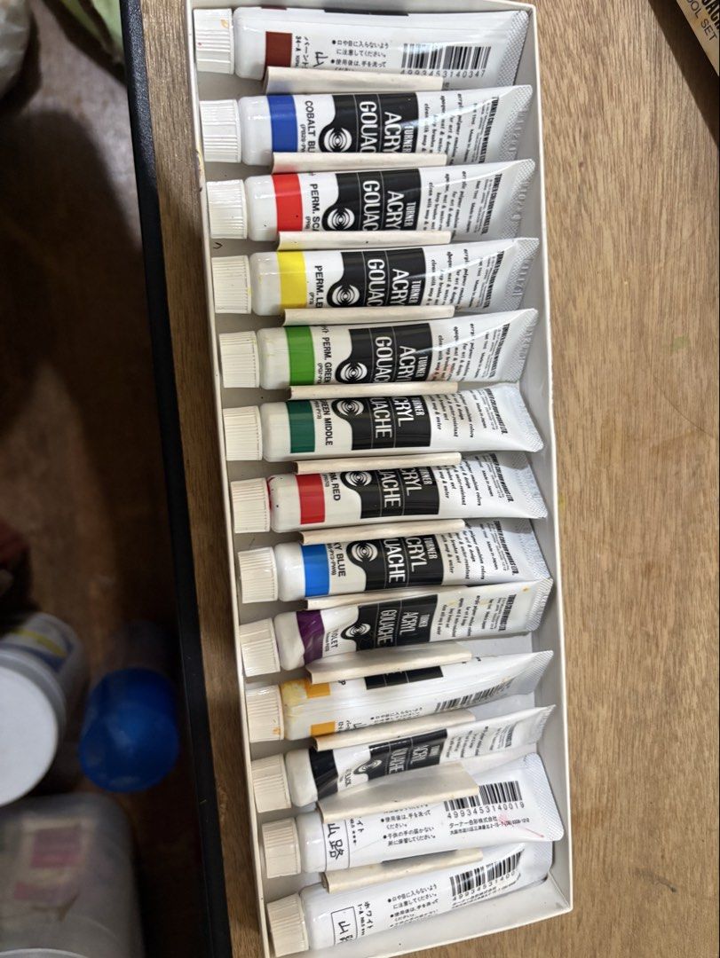 Turner Acryl Gouache 13 PCS (Category: Art & Prints) located in Manila. Submitted by noxecretxoxo (Listing ID 1455719370, Image 2). Description: For Sale: Turner Acryl Gouache Set 13 colors Used condition, some tubes have less paint remaining — see photos for actual condition. Comes with original box. RFS: Magmi-migrate na. PM if interested..