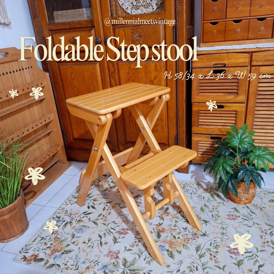 Solid wood foldable step stool ladder (Category: Ladders & Steps) located in Dasmarinas. Submitted by millennialmeetsvintage (Listing ID 1451605726, Image 1). Description: ✨SALE✨ BEFORE: 3500 NOW: 2500 rare find 💎 solid wood folds flat H 58/34 x L 36 x W 59 cm last price posted, no haggling 🙅🏻‍♀️ 🌍ships from DASMA, CAVITE 🚚 shipping via Lalamove only ❌no reservations, first-to-pay basis ❌no physical store, no walk-ins ❌no COD transactions.