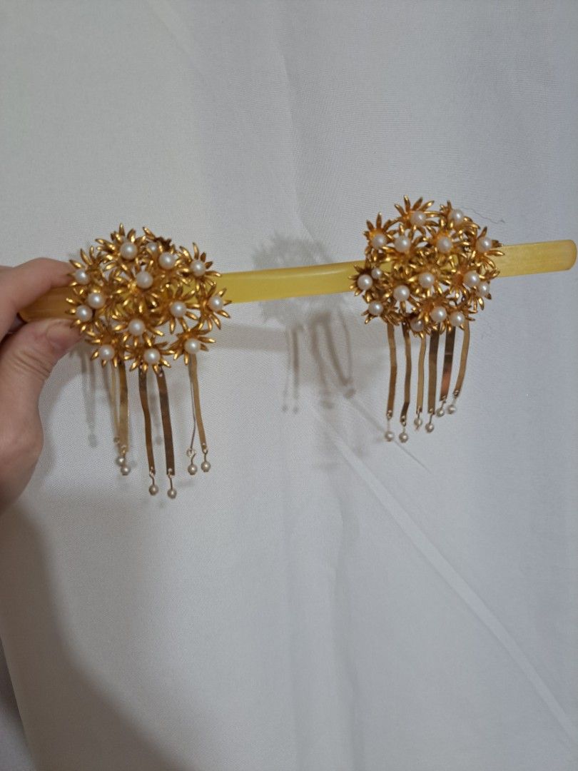 Hairpine Vintage Gold Pearl Hairpin Set Japanese Kanzashi Style, Women's Fashion ...