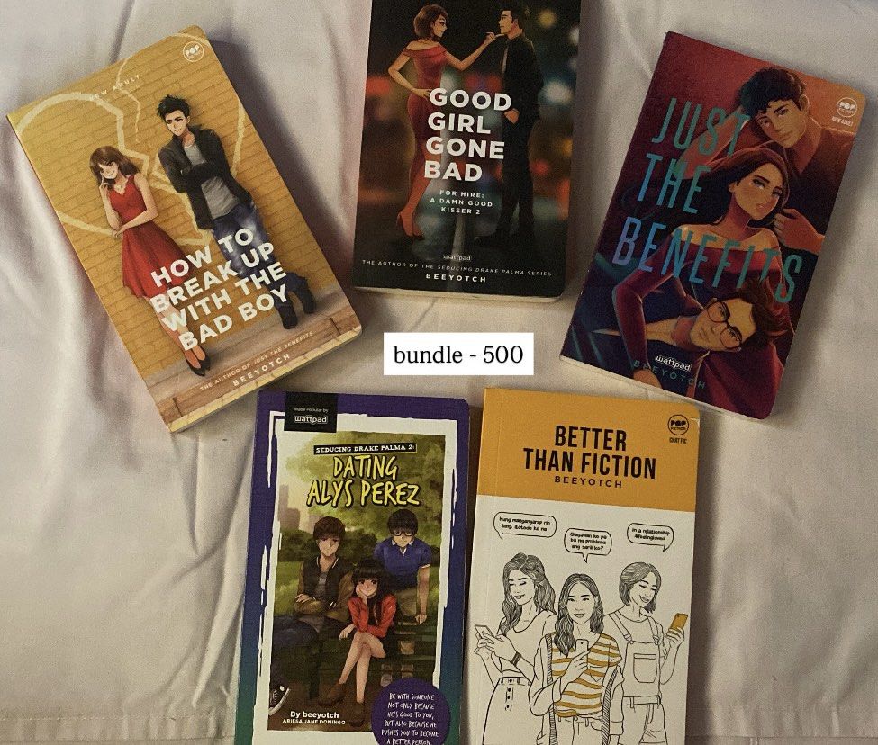 Wattpad Books Bundle by Beeyotch - 5 Books (Category: Storybooks) located in Manila. Submitted by imbrokepls.17la (Listing ID 1455797433, Image 1). Description: Wattpad Books Bundle by Beeyotch (5 books) - PHP 500. Includes 'How to Break Up with the Bad Boy', 'Good Girl Gone Bad', 'Just the Benefits', 'Dating Alys Perez', and 'Better Than Fiction'..