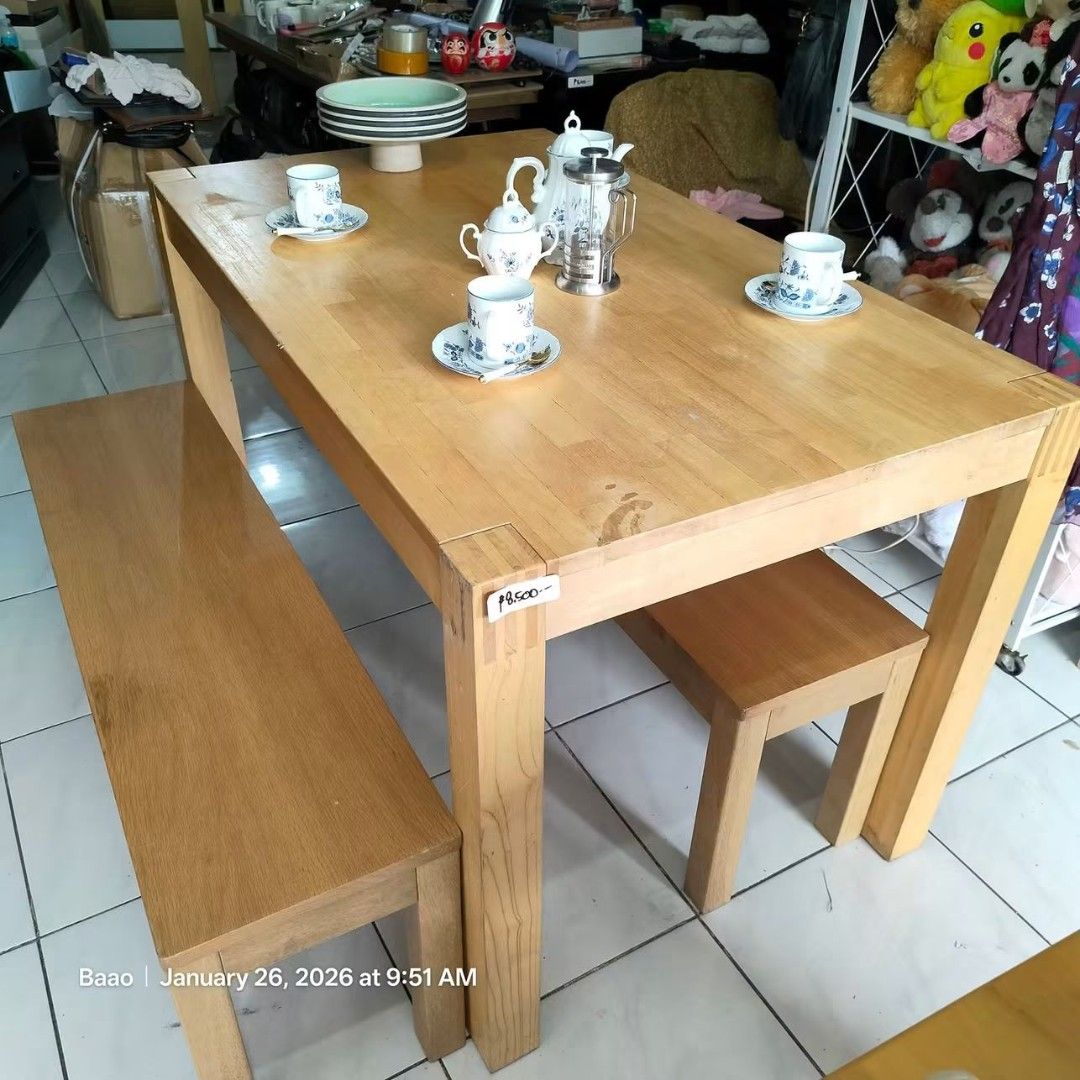 Wooden Dining Table with Benches and Teacups (Category: Tables & Sets) located in Baao. Submitted by all.things.japan (Listing ID 1455705111, Image 2). Description: AESTHETIC MINIMALIST 4 SEATERS DINING SET Made of Pure Wood Quite heavy Can be disassembled Will ship only thru Daily Overland or CRV Express (hub to hub only) Estimated shipping cost ranges from P1,000.00 to P1,500.00. We will retouch the furniture prior to shipment.🙂 MINE: P10,500.