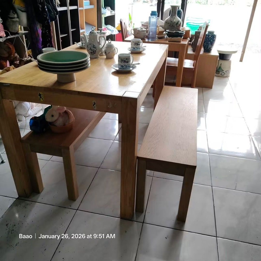 Wooden Dining Table with Benches and Teacups (Category: Tables & Sets) located in Baao. Submitted by all.things.japan (Listing ID 1455705111, Image 3). Description: AESTHETIC MINIMALIST 4 SEATERS DINING SET Made of Pure Wood Quite heavy Can be disassembled Will ship only thru Daily Overland or CRV Express (hub to hub only) Estimated shipping cost ranges from P1,000.00 to P1,500.00. We will retouch the furniture prior to shipment.🙂 MINE: P10,500.