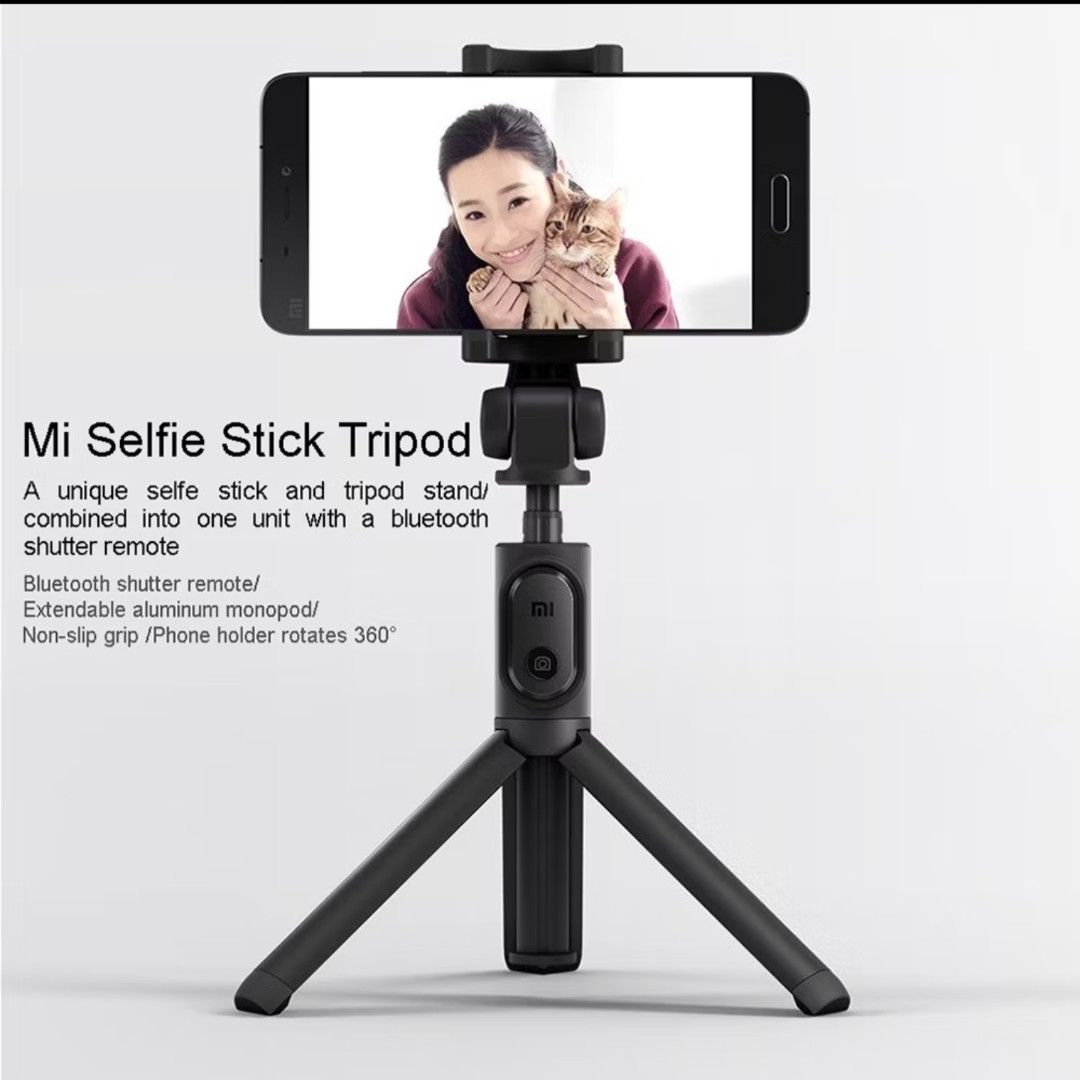 Xiaomi Mi Selfie Stick Tripod with Bluetooth Shutter (Category: Tripods & Monopods) located in Paranaque City. Submitted by jasminepc (Listing ID 1455753993, Image 2). Description: - Xiaomi Mi Selfie Stick Tripod - Dual function: Selfie Stick & Tripod - Detachable Bluetooth shutter remote - Extendable aluminum monopod - Non-slip grip for secure handling - 360-degree rotating phone holder - Ideal for capturing photos and videos.