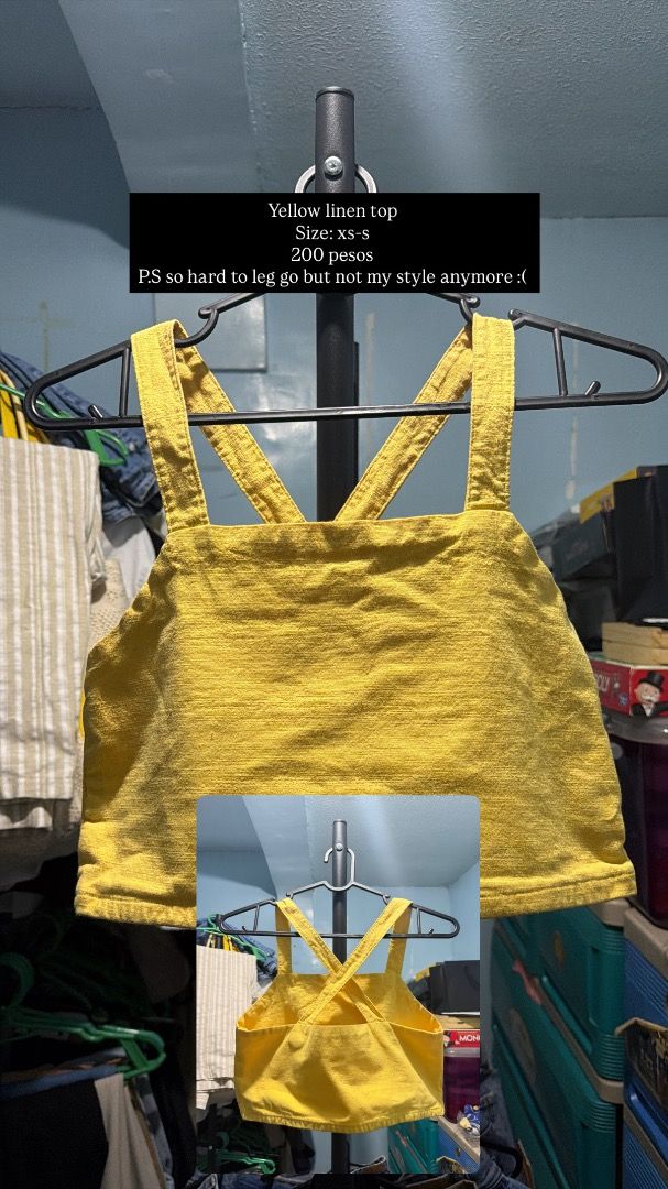 Yellow Cross Strap linen top (Category: Others Tops) located in Manila. Submitted by clairedeee (Listing ID 1455682553, Image 1). Description: Cute yellow crop top with cross straps at the back..