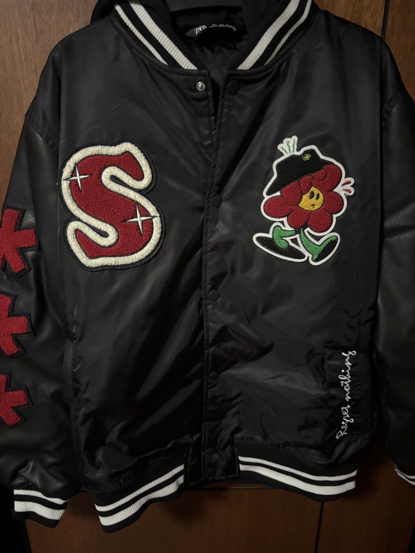 Zara Black Varsity Bomber Jacket with Patches (Category: Coats, Jackets and Outerwear) located in Muntinlupa City. Submitted by kdloading (Listing ID 1455733493, Image 1). Description: .