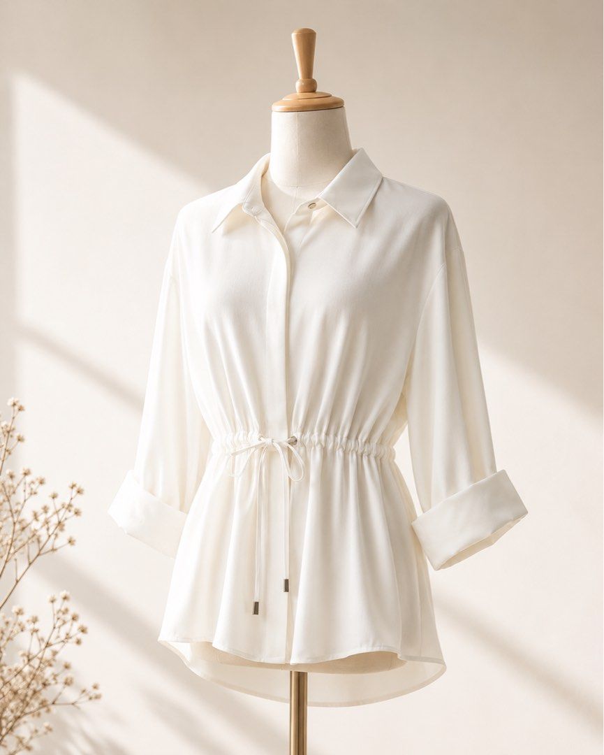 Zara White Botton Down (Old Money Style) (Category: Others Tops) located in Manila. Submitted by theopal (Listing ID 1455694548, Image 3). Description: * XS on tag but RUNS BIG * For reference I am size Medium but it can also fit up to Large! *No skirt included *Pointed collar with a classic button-front design * Long sleeves with wide folded/rolled cuffs * Elasticated/gathered waist with an adjustable drawstring tie in front * The drawstring cre