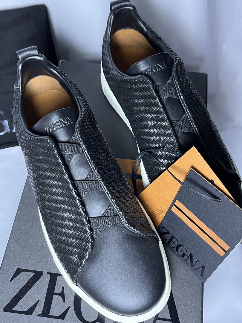 Zegna Triple Stitch Sneakers (Category: Sneakers) located in Bulacan. Submitted by stacksonracks_ph (Listing ID 1455707542, Image 2). Description: Zegna Triple Stitch Sneakers Black Size: US 8 for Men Brand New with Tag, Box and Shoe Bag .