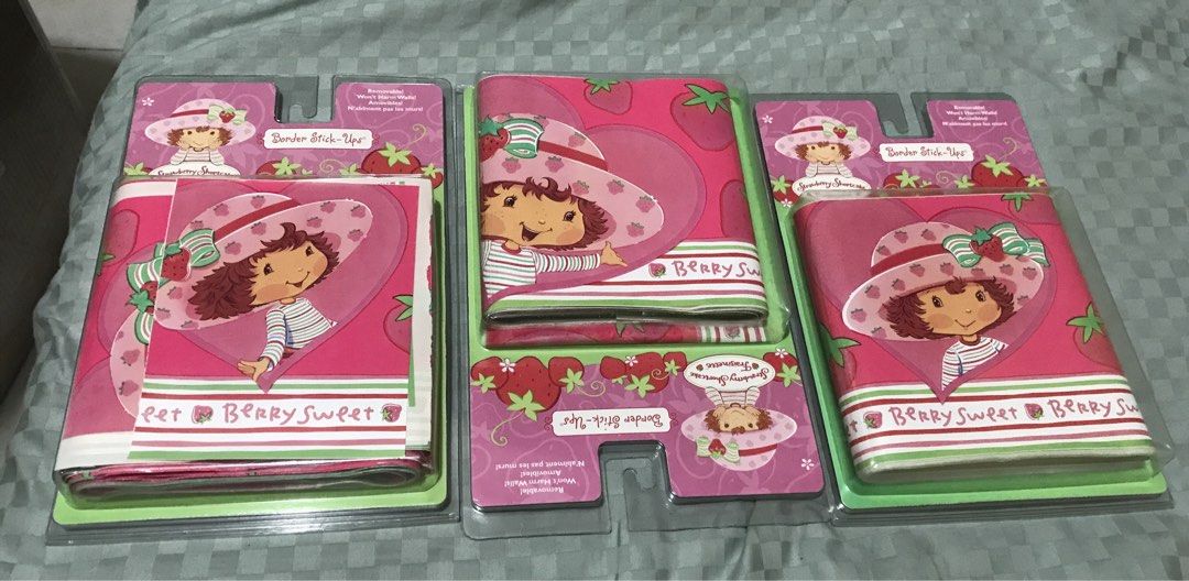 3x Strawberry Shortcake Border Stick-Ups Decor Wall Border (Category: Art & Prints) located in Cavite. Submitted by lizetteag01493 (Listing ID 1455871866, Image 1). Description: - Includes 3 packs of Authentic Strawberry Shortcake Border Stick-Ups. - Each pack measures 5" x 15' (12.7 cm x 4.57 m). - Perfect for decorating a child's bedroom. - Easy to apply. - Officially licensed product from DIC and Priss Prints..