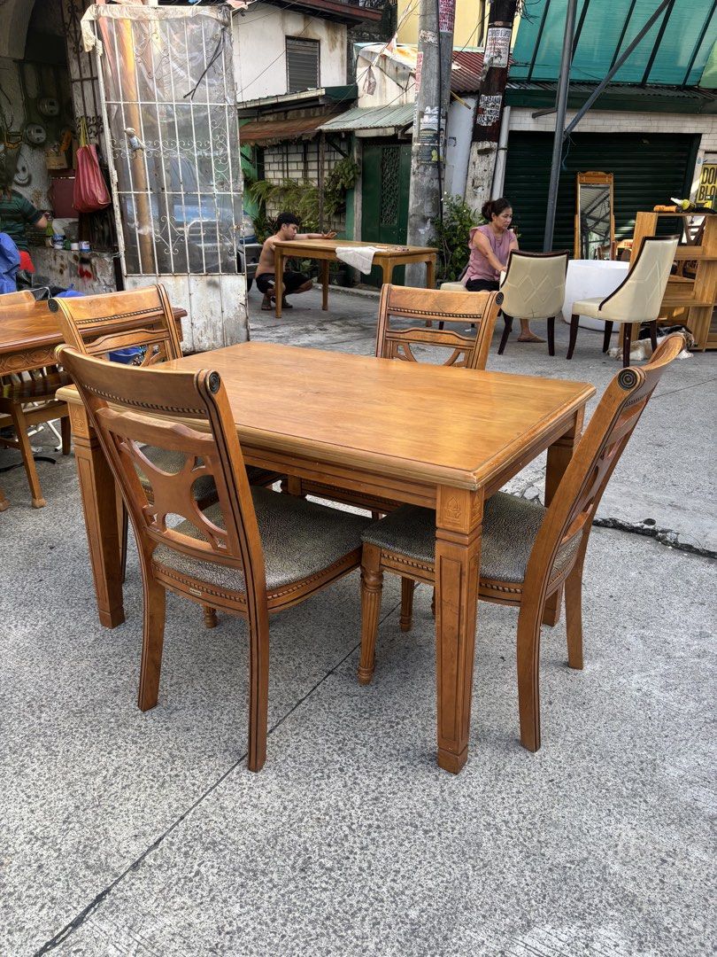 4 Seaters Classic Dining Furniture Set (Category: Tables & Sets) located in Malabon City. Submitted by ella_dlcrz (Listing ID 1455868401, Image 3). Description: 4 Seaters Classic Dining Furniture Set Good Condition Brand: Deca-line, Pre-loved Japan surplus Materials: Solidwood, Decorative Plywood, Leather Size: Table Length - 47.5 inches Width - 31.75 inches Height- 28.75 inches Chairs Height (Seat) - 19 inches Height (Back Rest) - 36.5 inches Wi