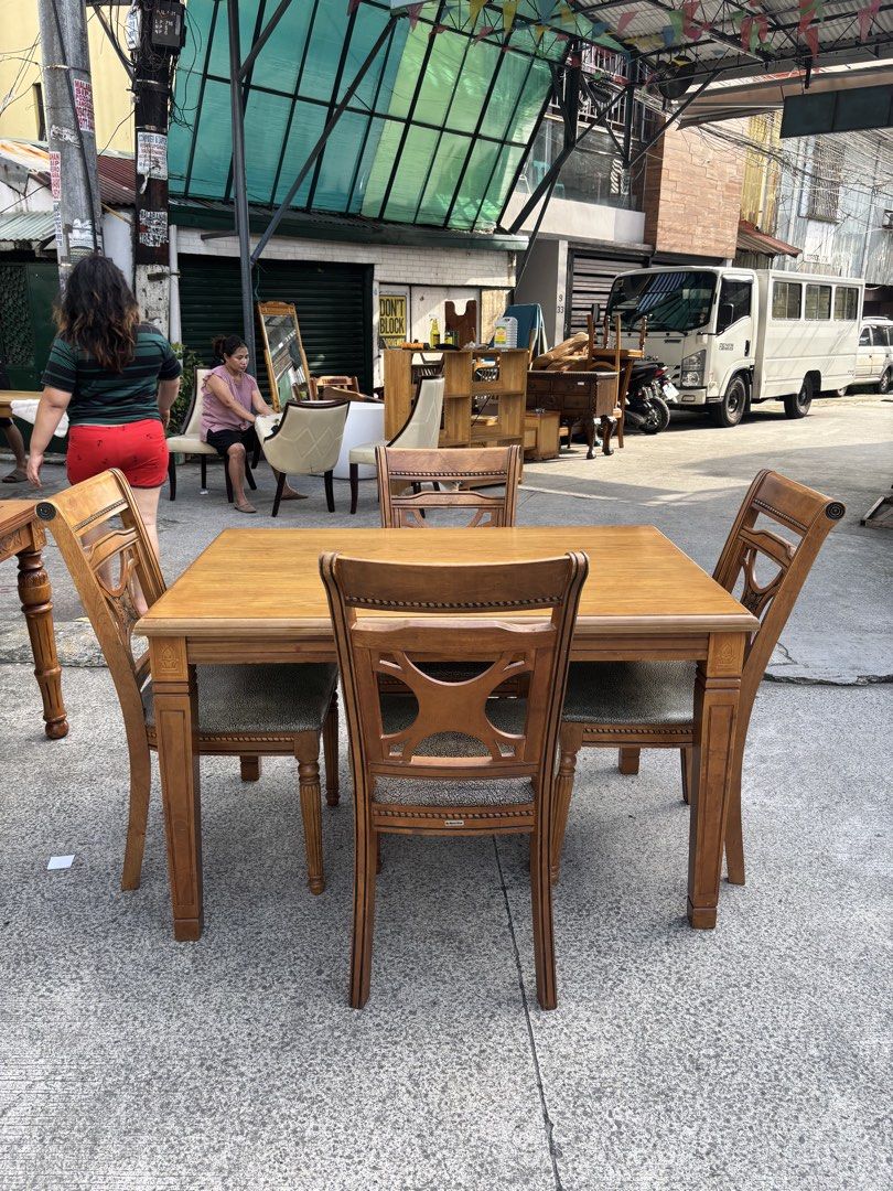 4 Seaters Classic Dining Furniture Set (Category: Tables & Sets) located in Malabon City. Submitted by ella_dlcrz (Listing ID 1455868401, Image 1). Description: 4 Seaters Classic Dining Furniture Set Good Condition Brand: Deca-line, Pre-loved Japan surplus Materials: Solidwood, Decorative Plywood, Leather Size: Table Length - 47.5 inches Width - 31.75 inches Height- 28.75 inches Chairs Height (Seat) - 19 inches Height (Back Rest) - 36.5 inches Wi