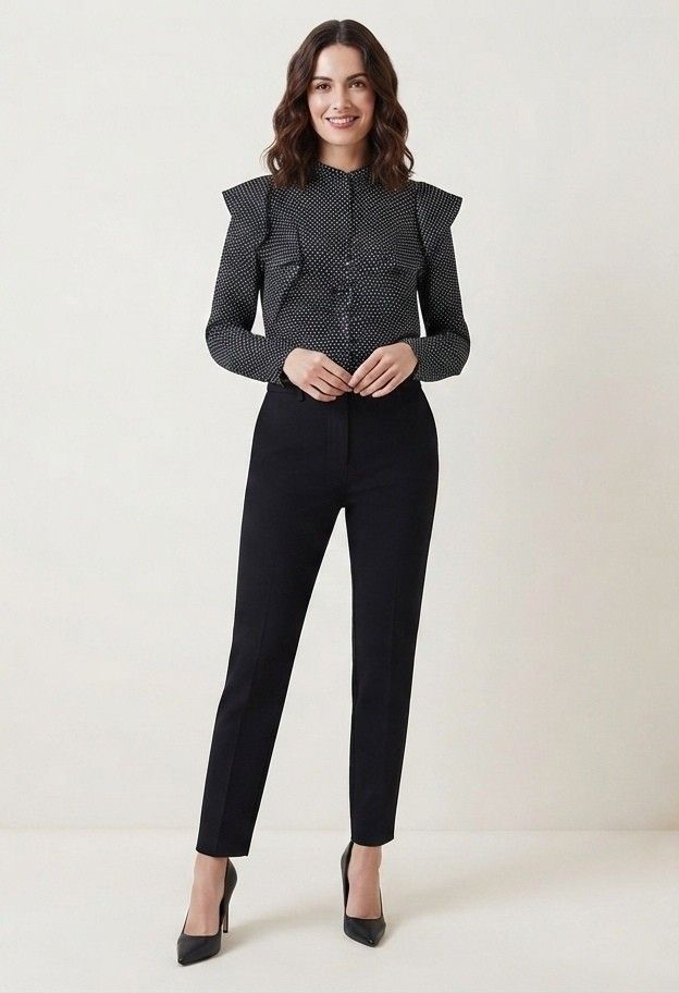 🌷 Karen Millen🌷 (Category: Luxury Apparel) located in Iba. Submitted by selector_items (Listing ID 1456031433, Image 2). Description: ​Brand: Karen Millen ​Condition: As new ​Size: UK 10 / US 6 / EU 38 (equivalent to XS–Medium range depending on fit) ​Design/Details: ​Black long-sleeve blouse with an all-over white/cream polka dot print. ​Statement ruffle trim detailing along the shoulders and front placket. ​Button-up front closure and high ne