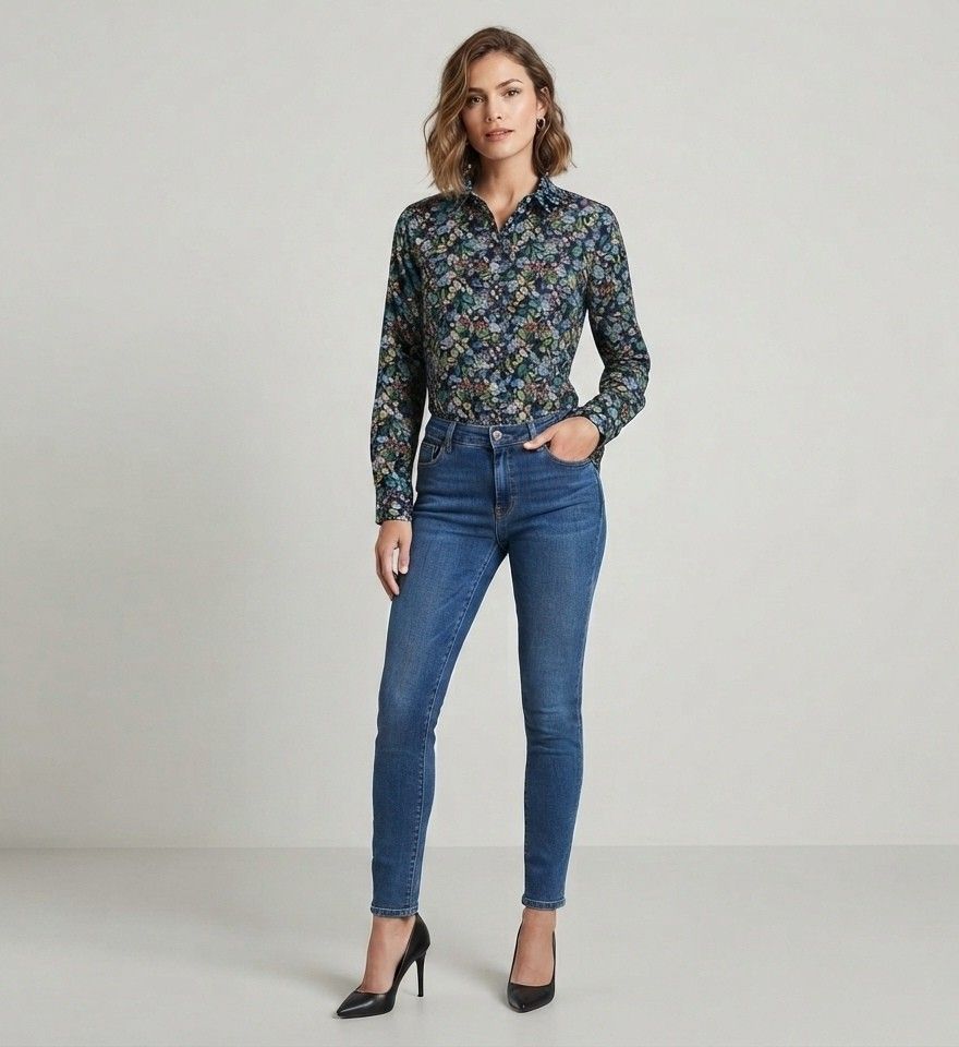 🌷 Sportscraft🌷 (Category: Luxury Apparel) located in Iba. Submitted by selector_items (Listing ID 1456030424, Image 3). Description: ​Brand: Sportscraft made with Liberty Fabric ​Condition: Like new ​Size: XS - Semi Large (Measurements: 18 x 27.5 inches) ​Design: Long-sleeve button-down shirt featuring an all-over floral print in navy, green, blue, and yellow tones..