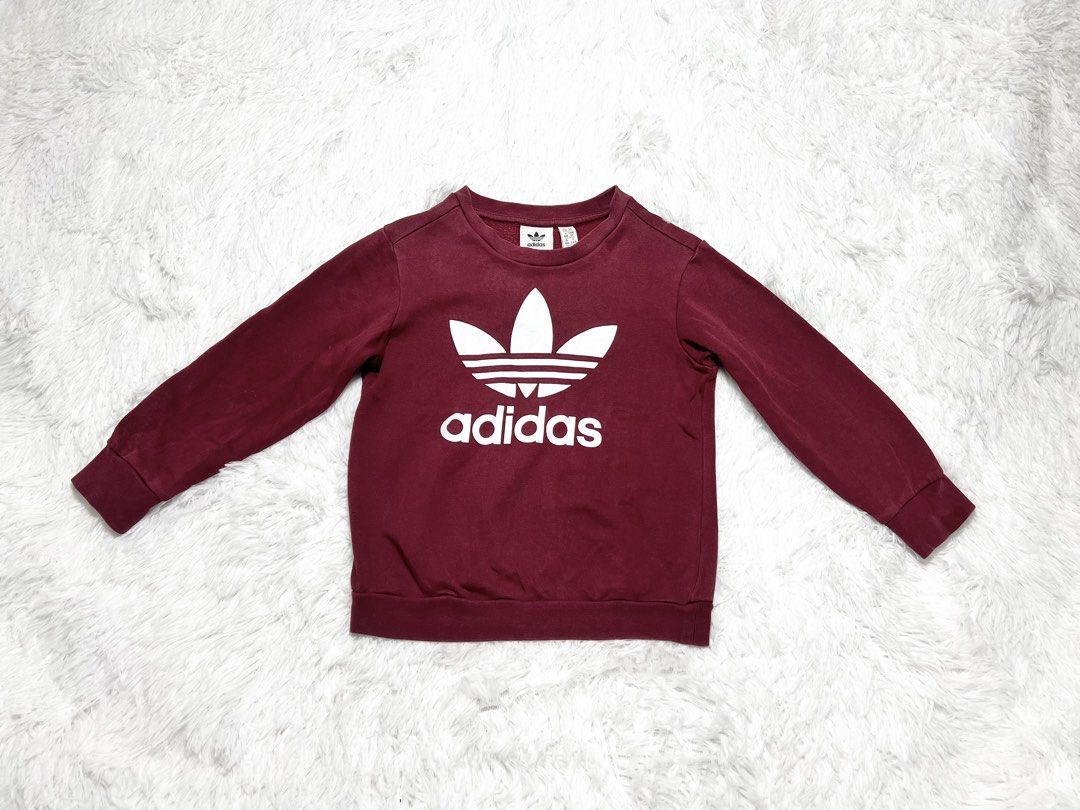 Adidas maroon sweatshirt for kids (Category: Babies & Kids Fashion) located in Apalit. Submitted by jjs_thrift_finds (Listing ID 1456023705, Image 2). Description: 3-4yo 16.5” x 13.5”.