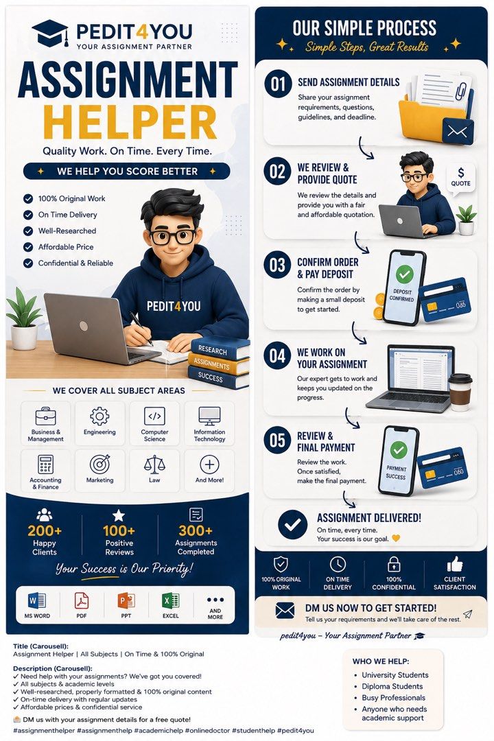ASSIGNMENT HELPER (Category: Textbooks) located in Singapore. Submitted by pedit4you (Listing ID 1456010231, Image 1). Description: 📚 NEED HELP WITH YOUR ASSIGNMENT? PEDIT4YOU provides professional academic support for students across different subjects and study levels. 🎓 WE CAN HELP WITH: • Business & Management • Engineering • Computer Science • Information Technology • Accounting & Finance • Marketing • Law • Research & Reports • Presentati