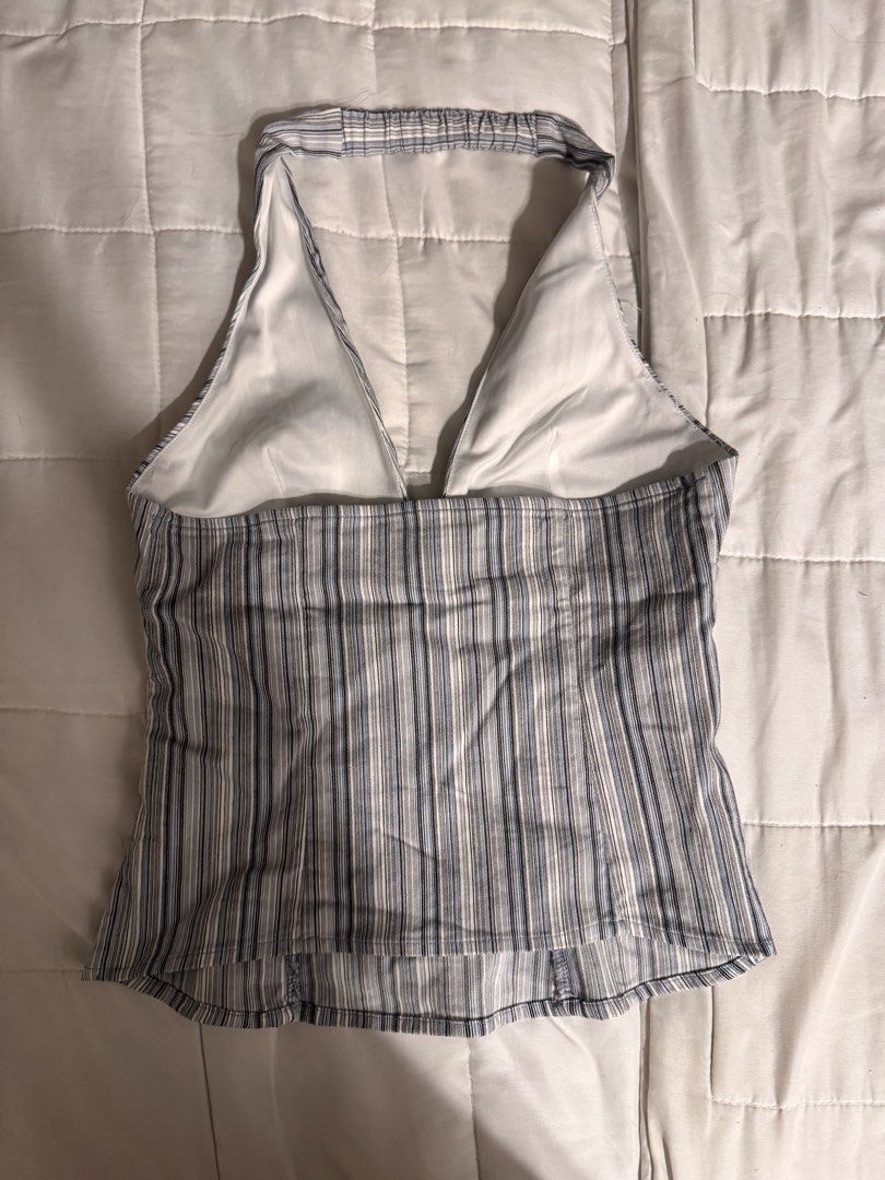 Blue and White Striped Halter V Top (Category: Sleeveless) located in Pasig City. Submitted by lovedpicks (Listing ID 1455991284, Image 2). Description: Fits small to medium!! - never worn yet .