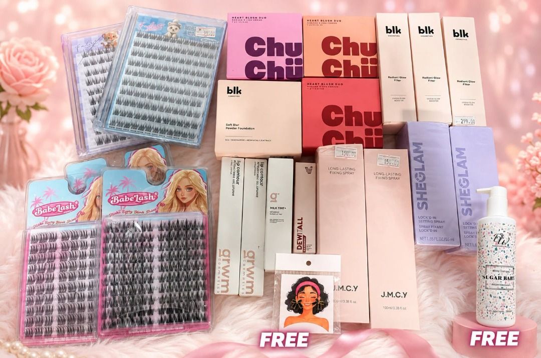 Bundle Make up (Category: Makeup) located in Cagayan de Oro. Submitted by YetzShopETC (Listing ID 1455950318, Image 1). Description: SET 2: Inclusions: 2 BQI Cluster Eyelashes 3 Babelash Cluster Lashes 3 Chu Chu Heart Blush 3 Blk Radiant Glow Tint 1 Blk Soft Blur Powder 2 GRWM Lip Contour 1 GRWM Milk Tint 1 Vice Co Liquid Dew Blush 2 JMCY Setting Spray 2 Sheglam Setting Spray Total of 20pcs all branded plus freebies Location: Cagayan de Oro City.