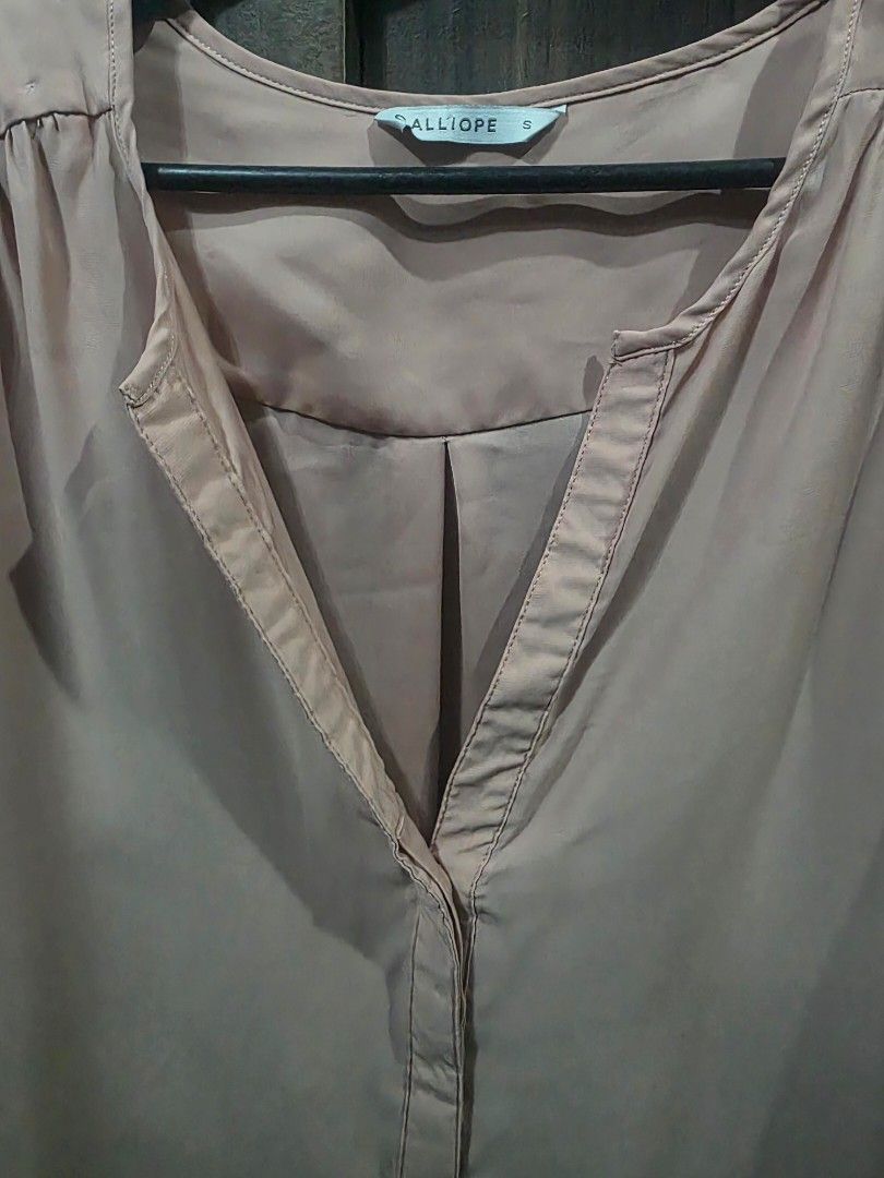 Calliope Peach Long Sleeve Blouse Size S (Category: Blouses) located in Taytay. Submitted by chi.locker (Listing ID 1455866200, Image 3). Description: - peach long sleeve blouse from Calliope. color is darker than in photo) - Size S - Button detail at neckline and cuffs - Sheer fabric with a slight sheer and low neckline. Might need inner wear (cami) - Ideal for layering.