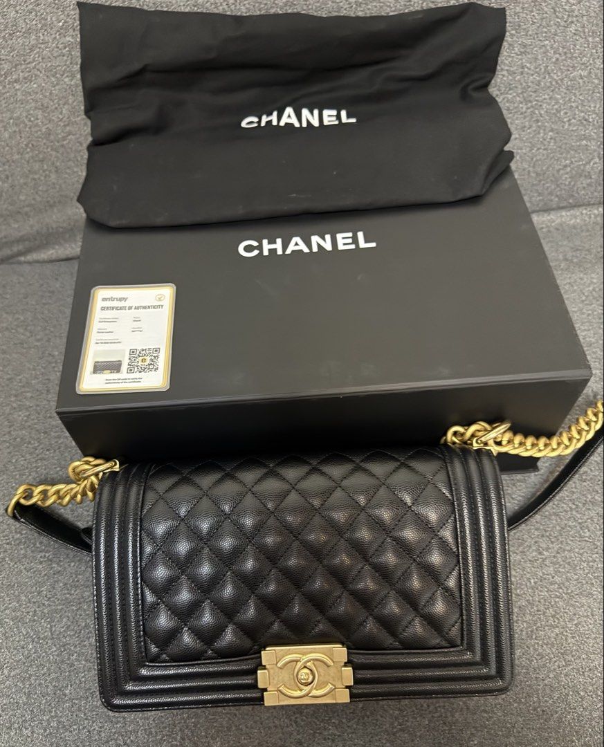 Chanel Boy Bag Black Caviar Gold Hardware (Category: Luxury Bags & Wallets) located in Mandaluyong City. Submitted by fhenvinco (Listing ID 1455873255, Image 1). Description: - Authentic Chanel Boy Bag - Material: Black Caviar Leather - Hardware: Gold - Includes: Original Box, Dust Bag, Certificate of Authenticity - Design: Classic Quilted - Strap: Chain Strap - Versatile: Perfect for day or night use Hologram.