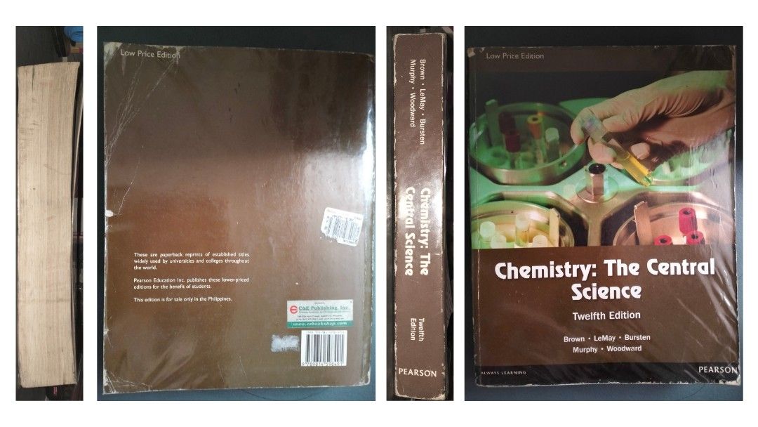 Chemistry: The Central Science 12th Edition Textbook (Category: Textbooks) located in Rodriguez. Submitted by lilmissa11 (Listing ID 1455941062, Image 1). Description: Chemistry: The Central Science (12th Edition) by Brown, LeMay, Bursten, Murphy, Woodward Condition: Has creases on book cover with corner curling but inside pages are well intact and in good condition; with plastic cover Price is negotioble; payment first via GCash Thru delivery on