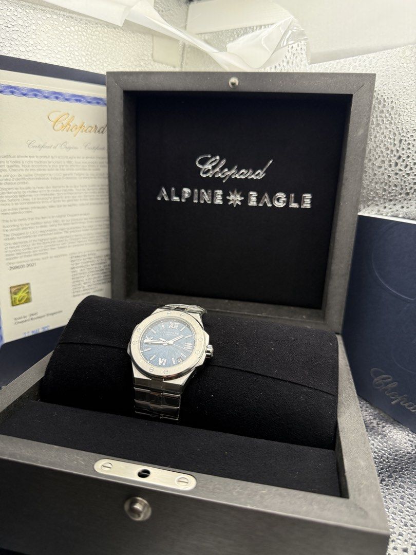 Chopard Alpine Eagle Large (Category: Watches) located in Singapore. Submitted by curiouscur8tor (Listing ID 1455901846, Image 2). Description: One of the more underrated integrated-bracelet sports watches from a true manufacture, the Chopard Alpine Eagle is the modern reinterpretation of the St. Moritz, the watch first created by Karl-Friedrich Scheufele in 1980. The 41mm case and integrated bracelet are executed in Chopard’s proprietary Lucent 