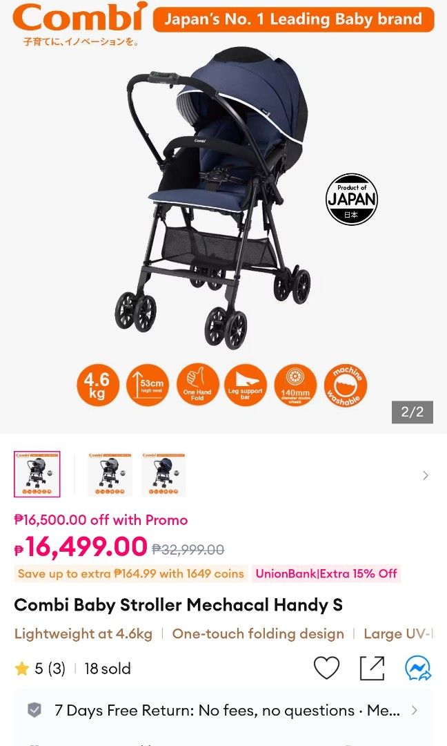 Combi stroller (Category: Strollers) located in Cavite. Submitted by charmboutique (Listing ID 1455915810, Image 2). Description: Selling my daughter stroller In very good used condition Free baby car seat Bought new on sale >16k.